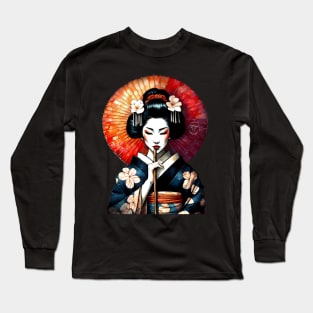 Japanese geisha with red umbrella Long Sleeve T-Shirt